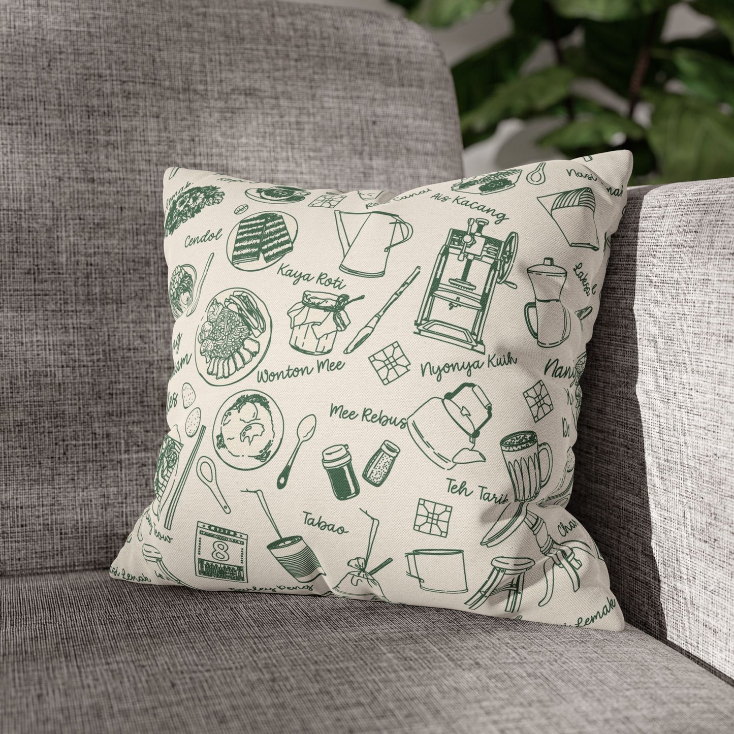 Singapore Heritage Nanyang Coffeeshop Doodles Spun Polyester Square Cushion Cover Pillow Case