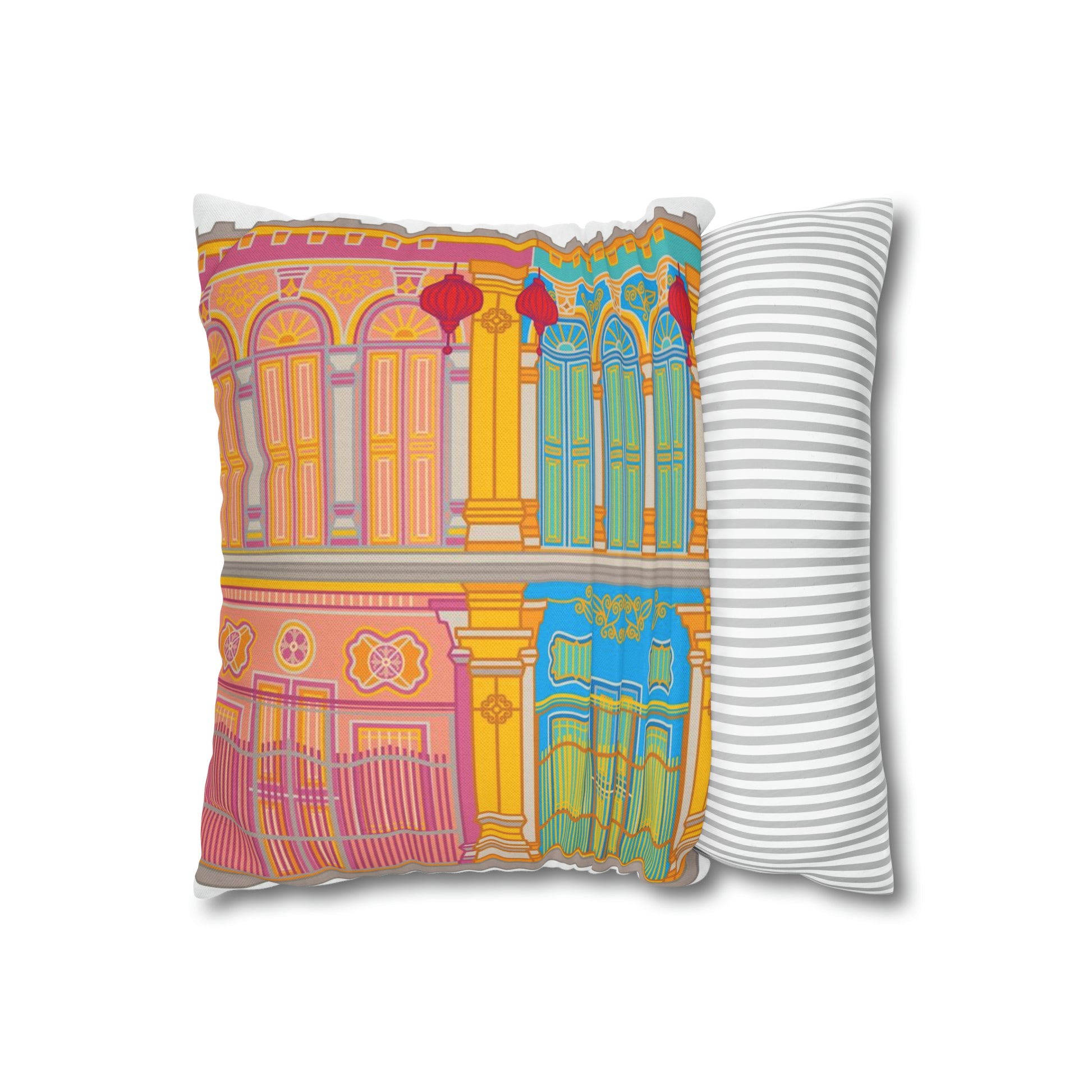 Singapore Heritage Peranakan Shophouses Spun Polyester Square Cushion Cover Pillow Case - THE LITTLE BIG TREE