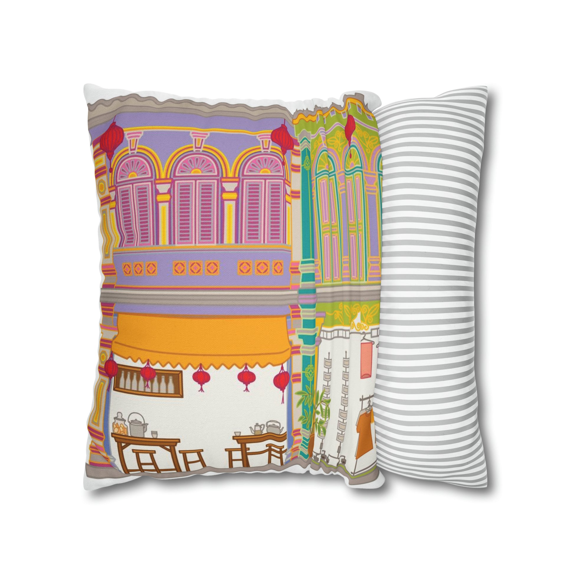 Singapore Heritage Peranakan Shophouses Spun Polyester Square Cushion Cover Pillow Case - THE LITTLE BIG TREE