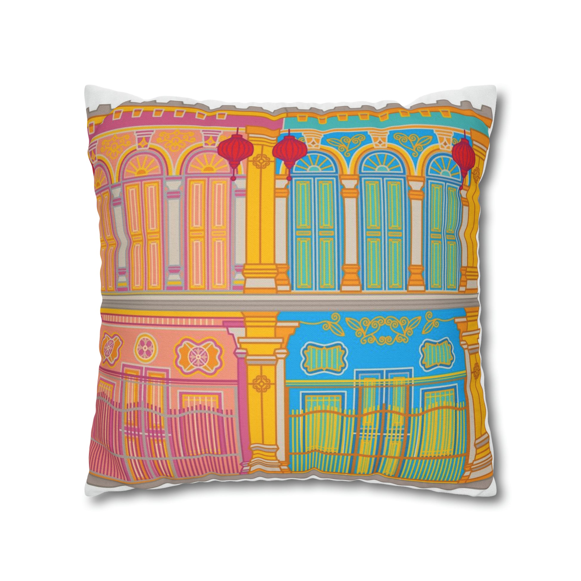 Singapore Heritage Peranakan Shophouses Spun Polyester Square Cushion Cover Pillow Case - THE LITTLE BIG TREE