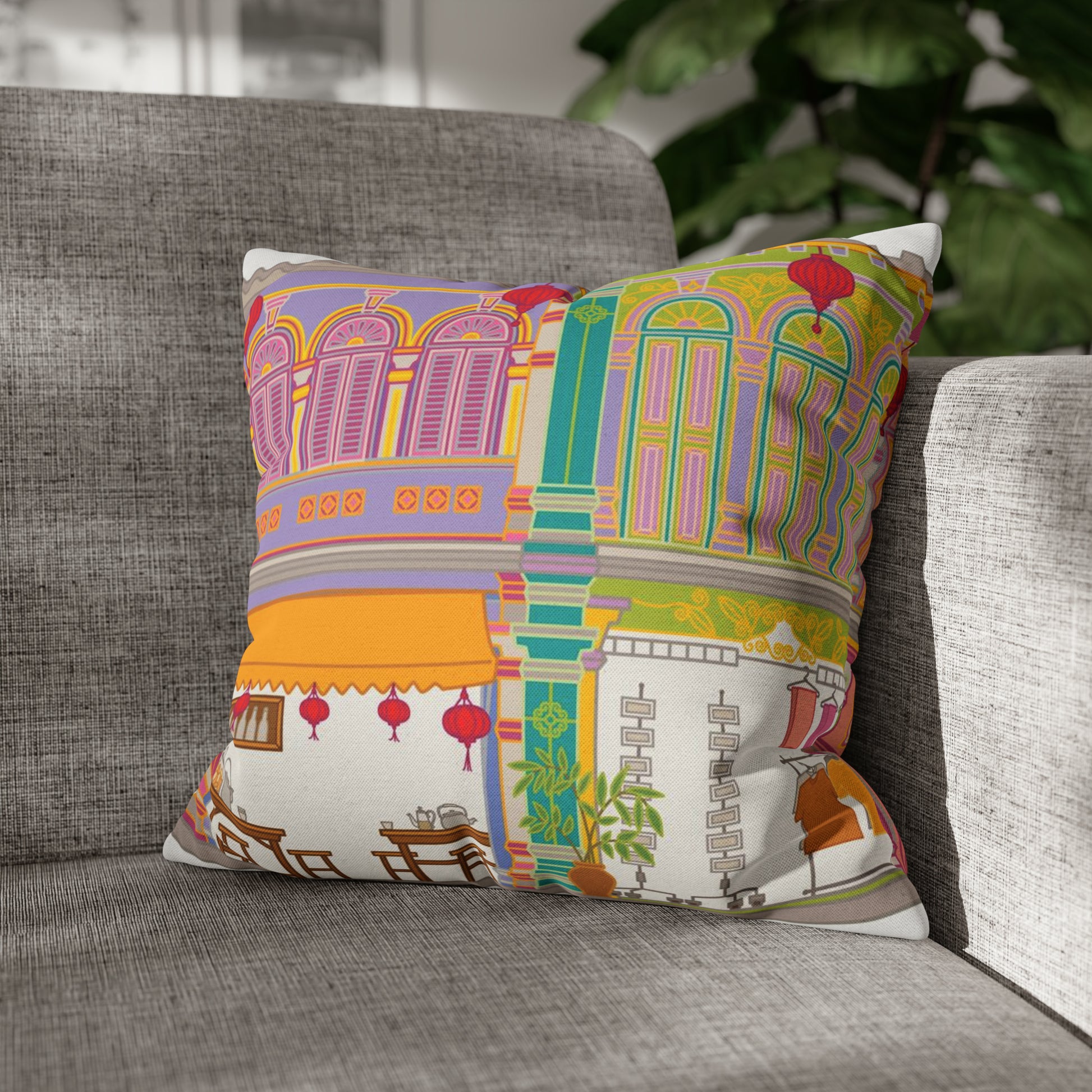 Singapore Heritage Peranakan Shophouses Spun Polyester Square Cushion Cover Pillow Case - THE LITTLE BIG TREE