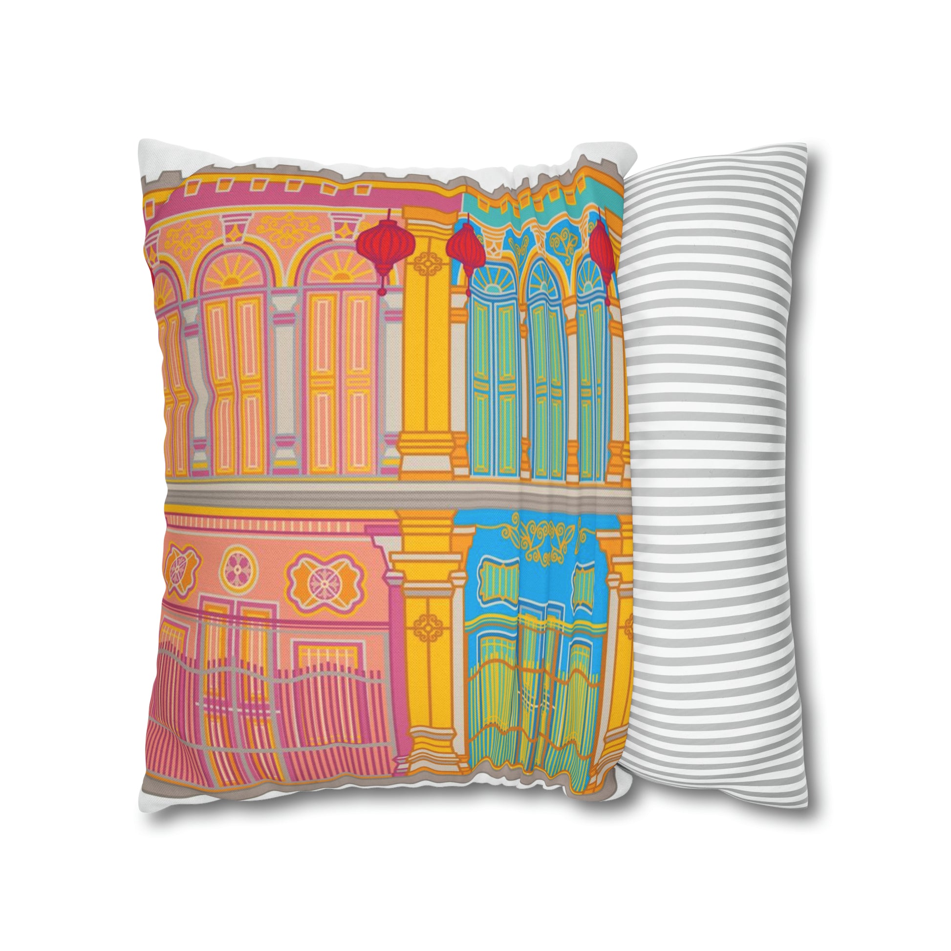 Singapore Heritage Peranakan Shophouses Spun Polyester Square Cushion Cover Pillow Case - THE LITTLE BIG TREE