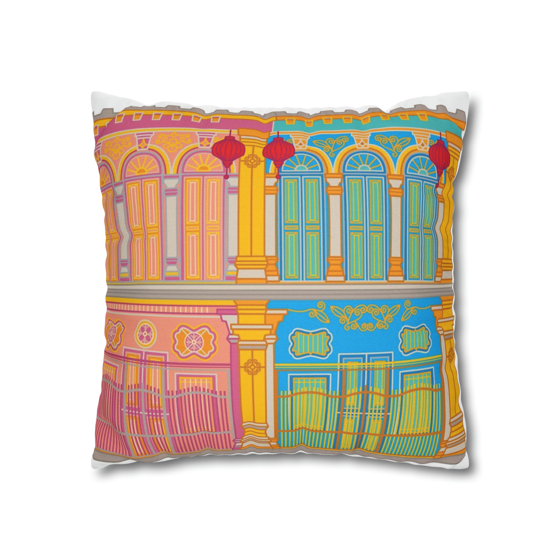 Singapore Heritage Peranakan Shophouses Spun Polyester Square Cushion Cover Pillow Case - THE LITTLE BIG TREE