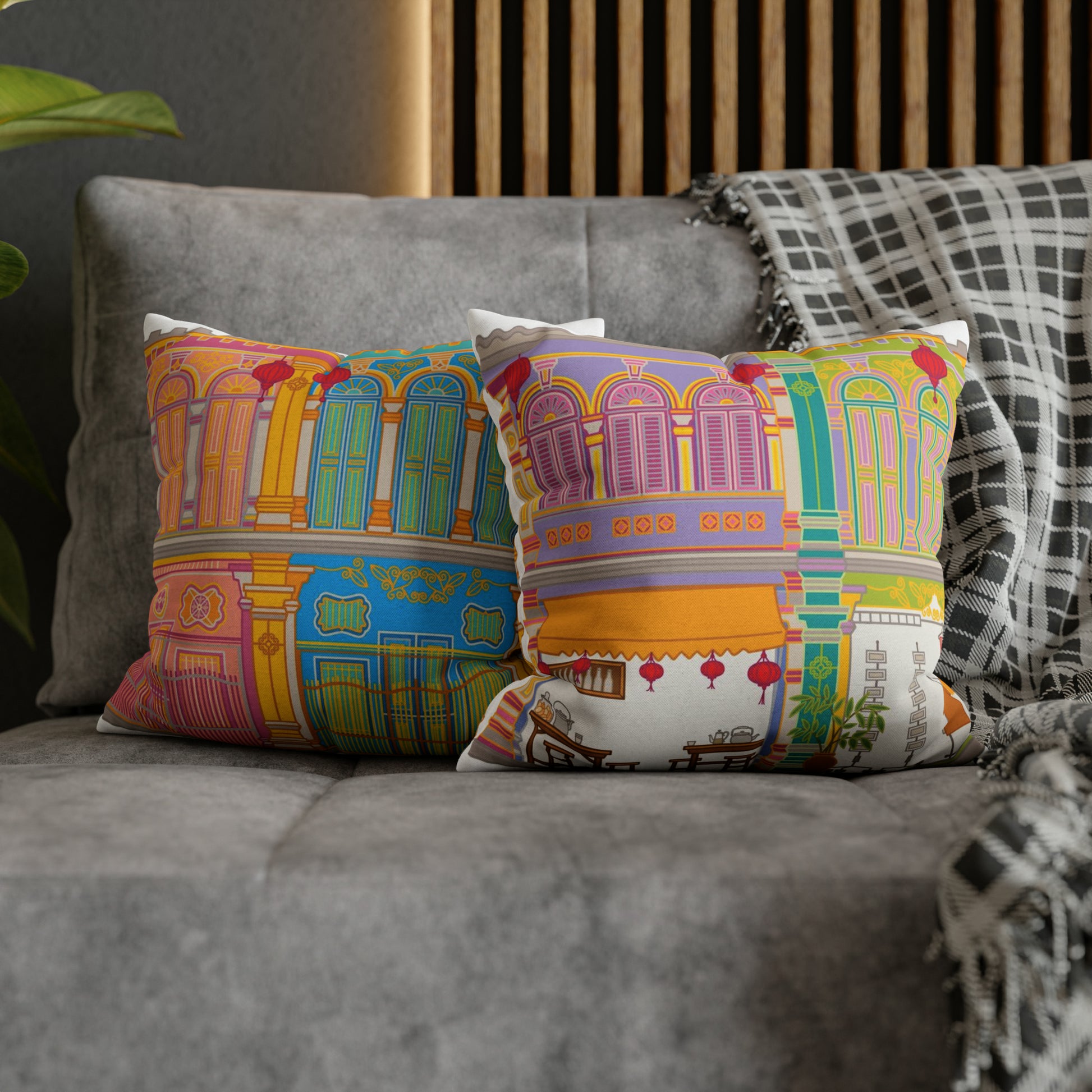 Singapore Heritage Peranakan Shophouses Spun Polyester Square Cushion Cover Pillow Case - THE LITTLE BIG TREE