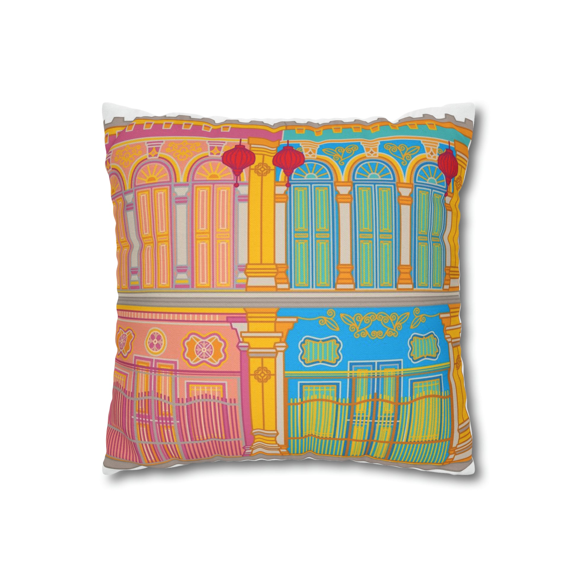 Singapore Heritage Peranakan Shophouses Spun Polyester Square Cushion Cover Pillow Case - THE LITTLE BIG TREE