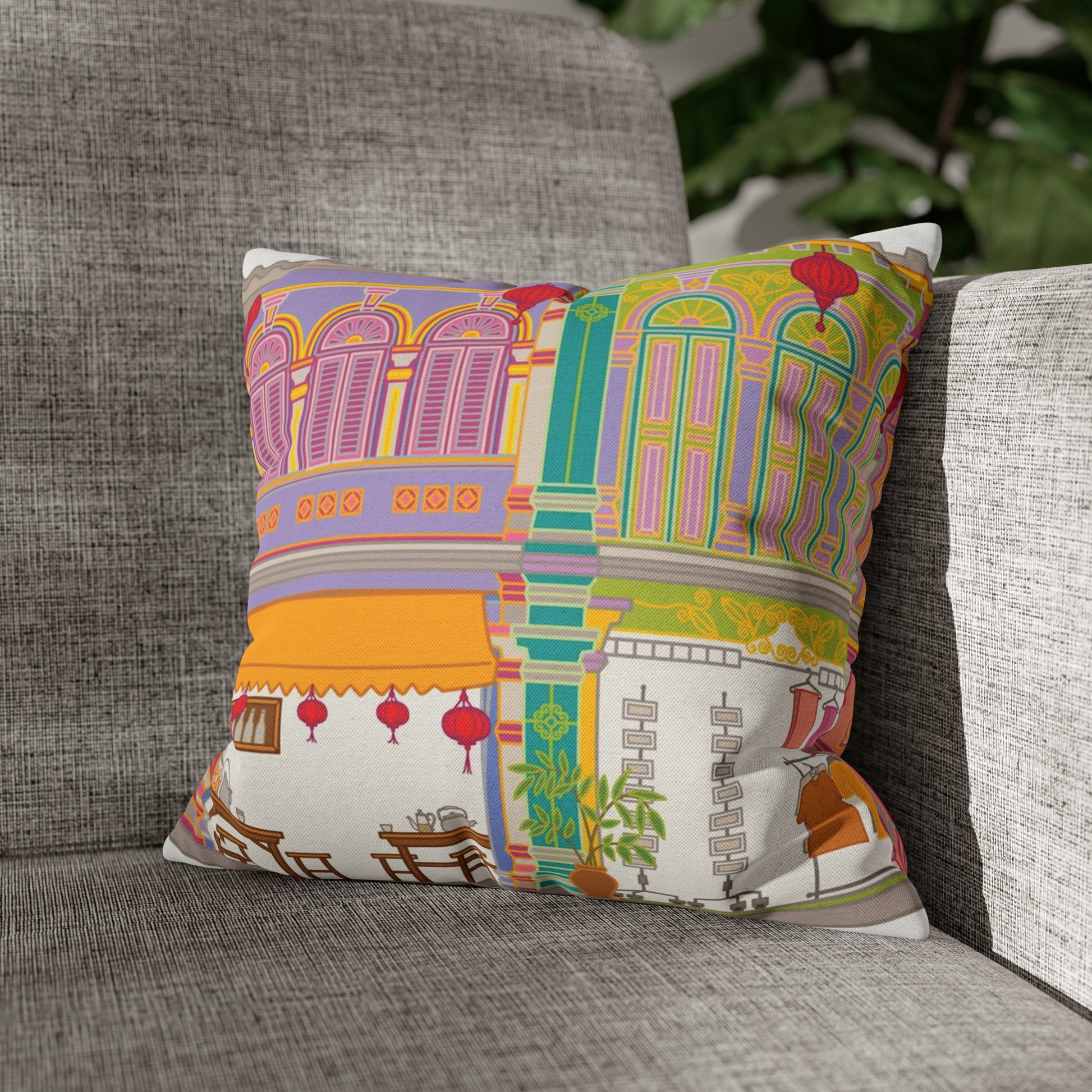 Singapore Heritage Peranakan Shophouses Spun Polyester Square Cushion Cover Pillow Case - THE LITTLE BIG TREE