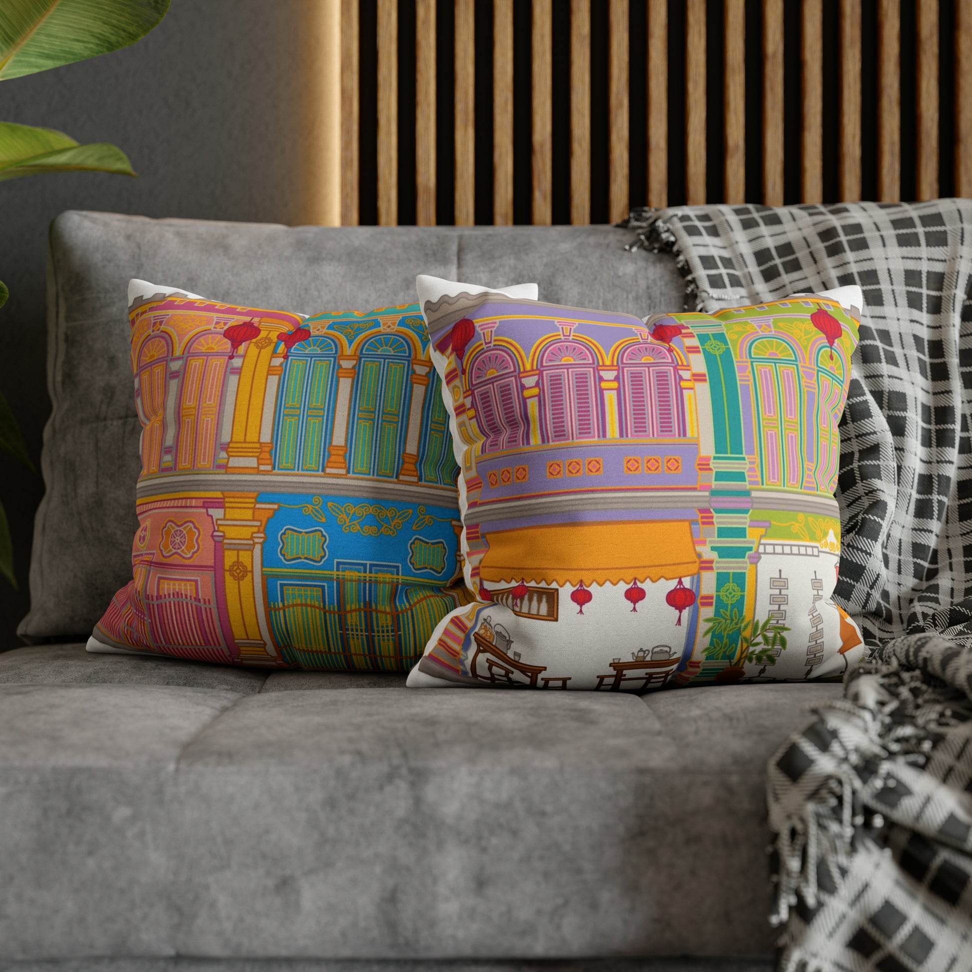 Singapore Heritage Peranakan Shophouses Spun Polyester Square Cushion Cover Pillow Case - THE LITTLE BIG TREE