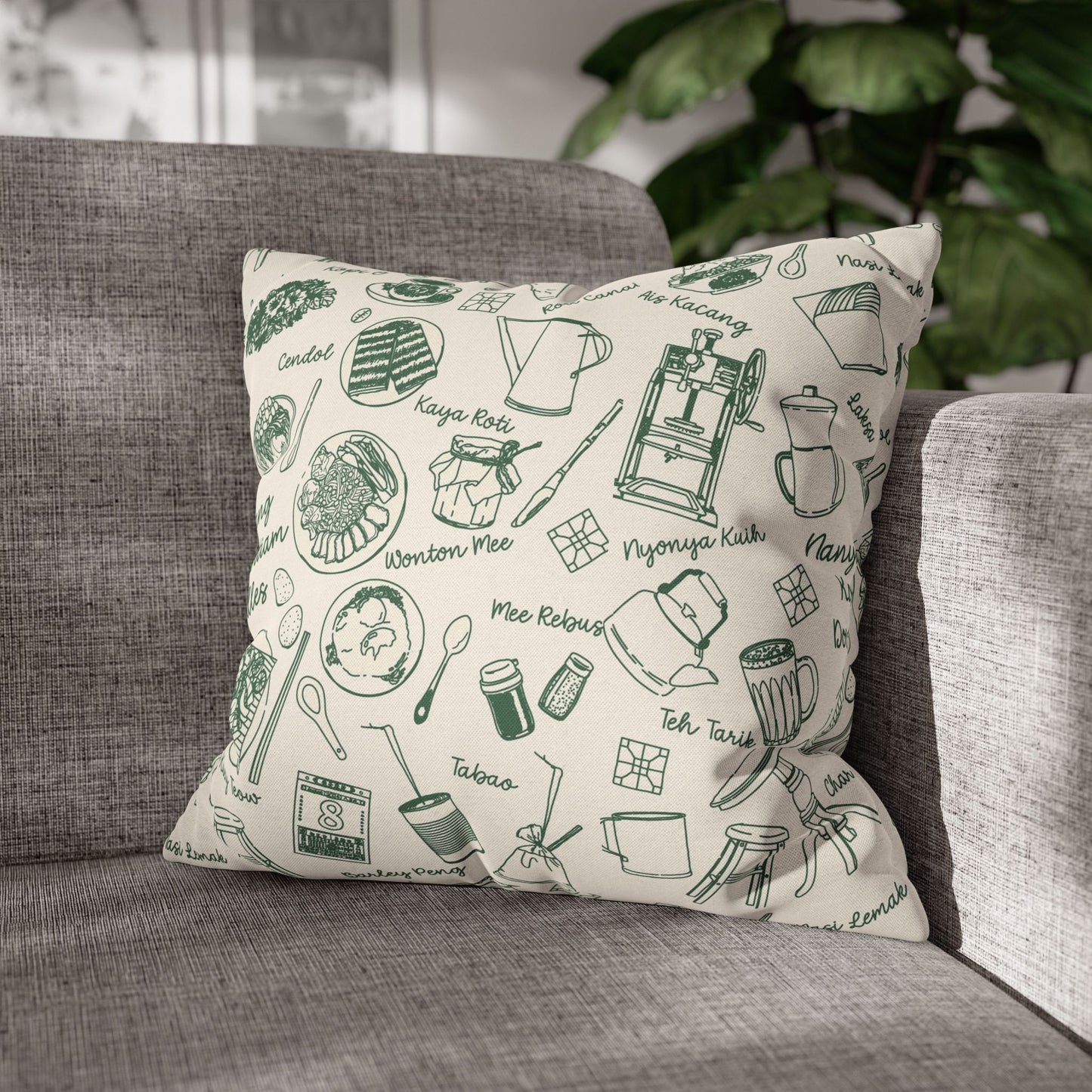 Singapore Heritage Nanyang Coffeeshop Doodles Spun Polyester Square Cushion Cover Pillow Case