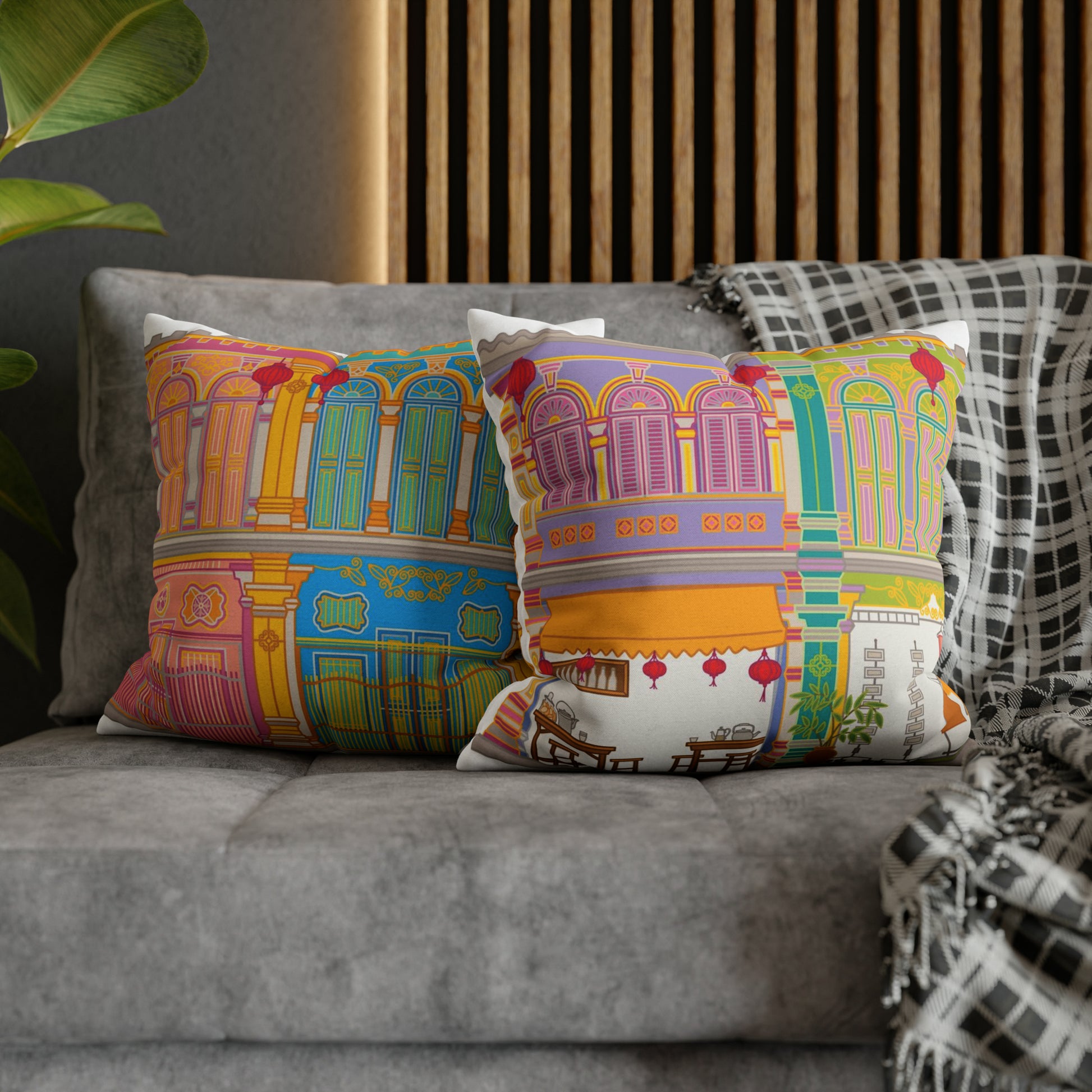 Singapore Heritage Peranakan Shophouses Spun Polyester Square Cushion Cover Pillow Case - THE LITTLE BIG TREE