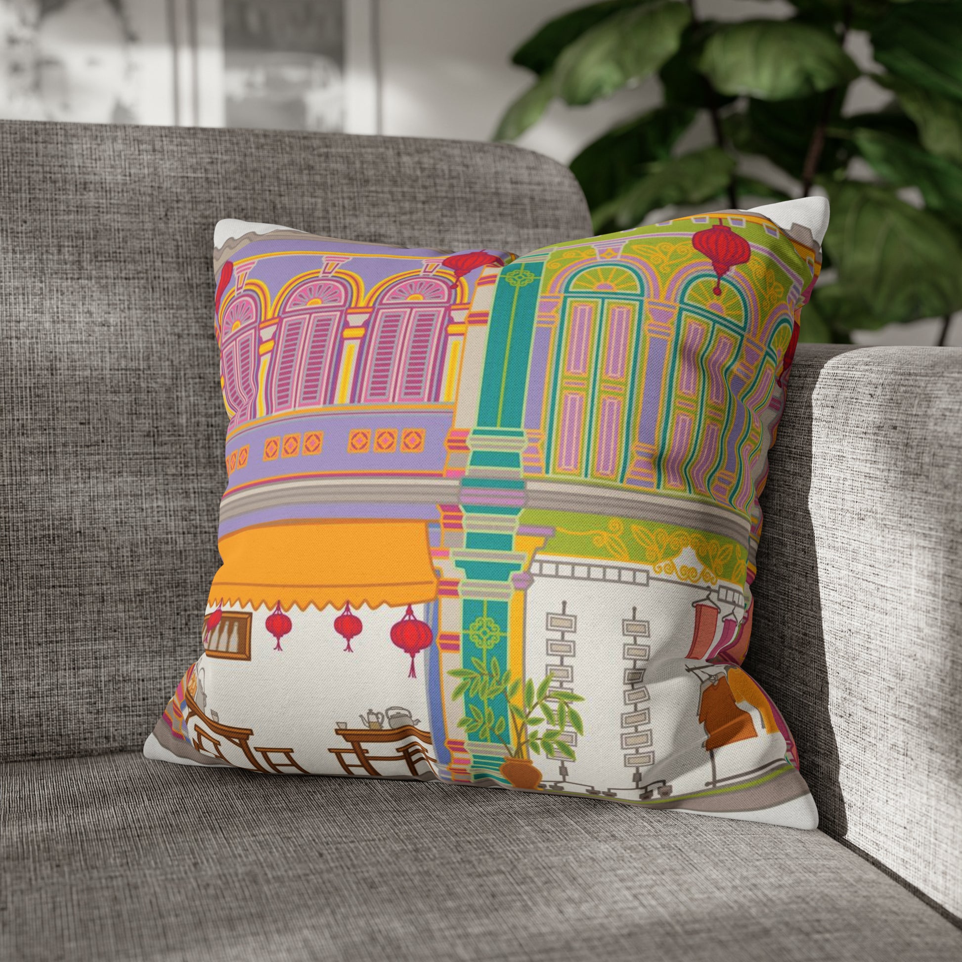 Singapore Heritage Peranakan Shophouses Spun Polyester Square Cushion Cover Pillow Case - THE LITTLE BIG TREE
