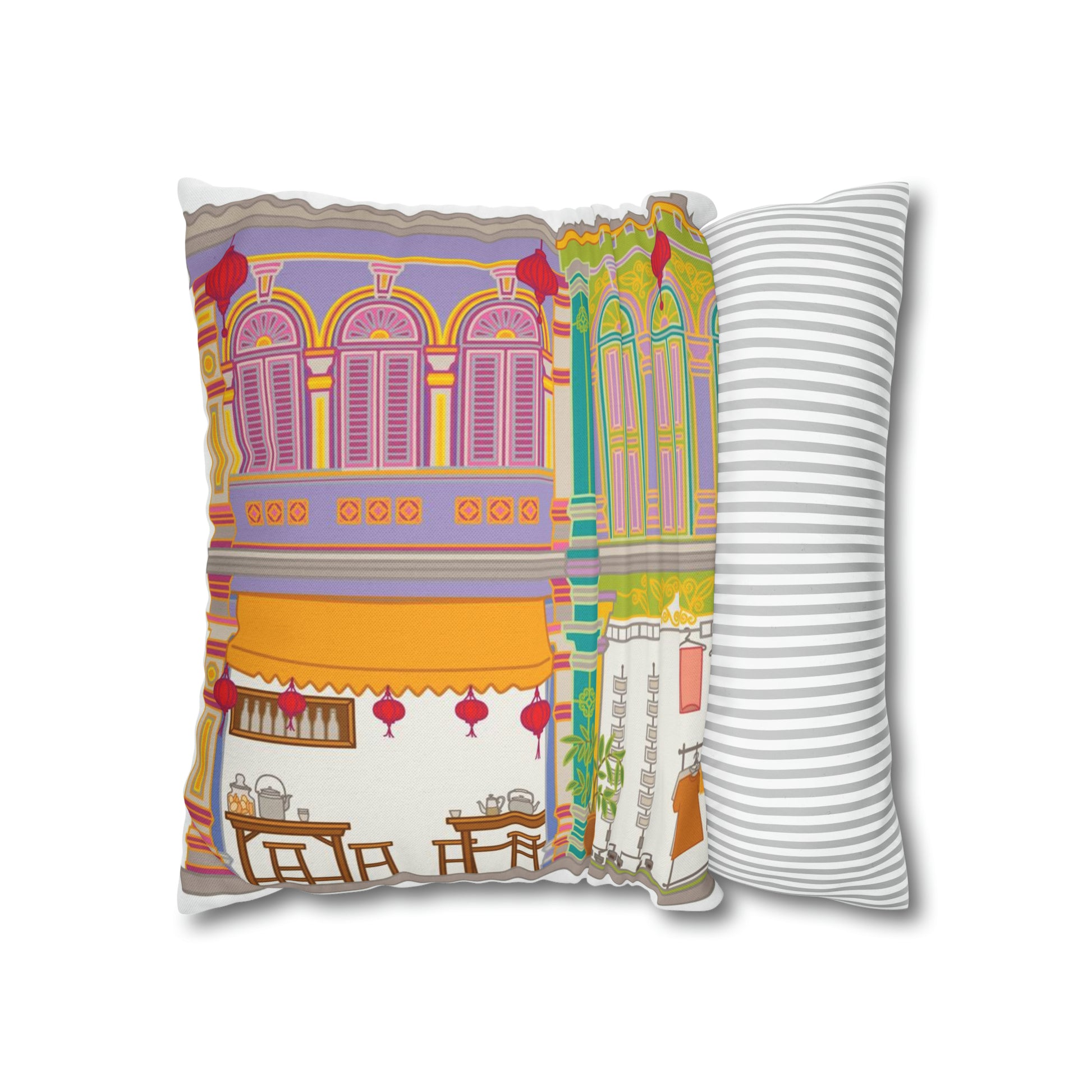 Singapore Heritage Peranakan Shophouses Spun Polyester Square Cushion Cover Pillow Case - THE LITTLE BIG TREE