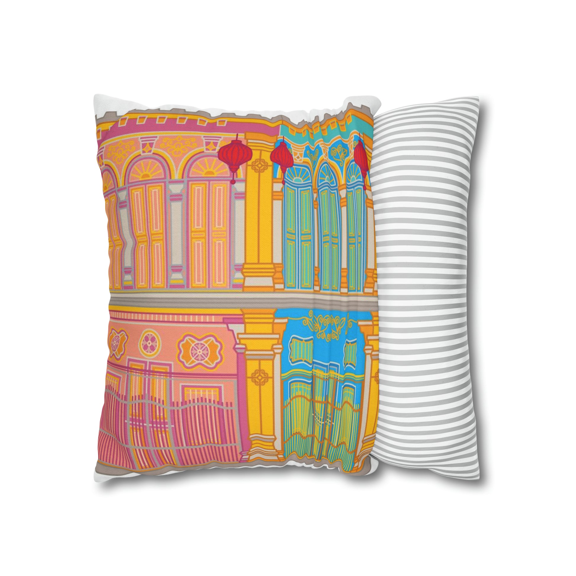 Singapore Heritage Peranakan Shophouses Spun Polyester Square Cushion Cover Pillow Case - THE LITTLE BIG TREE