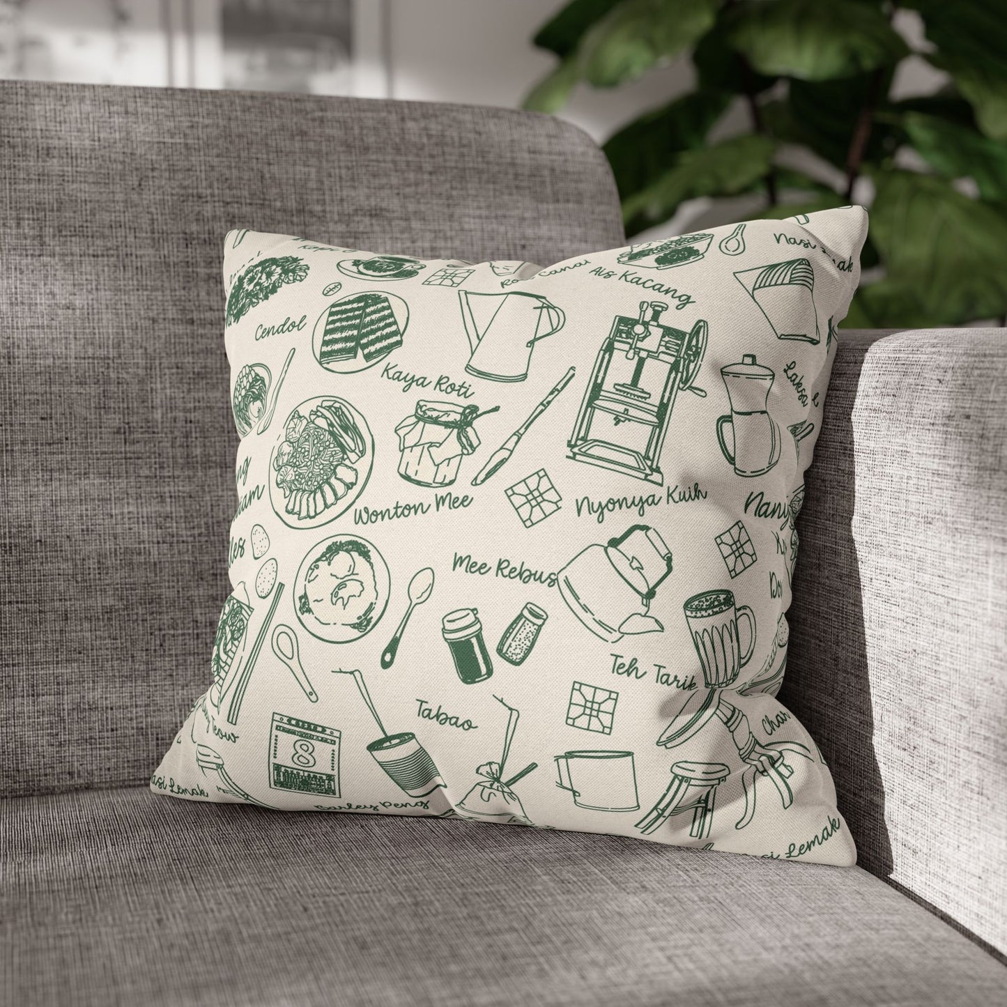 Singapore Heritage Nanyang Coffeeshop Doodles Spun Polyester Square Cushion Cover Pillow Case