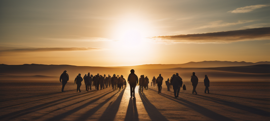 a group of people walking towards a sun in the horizon