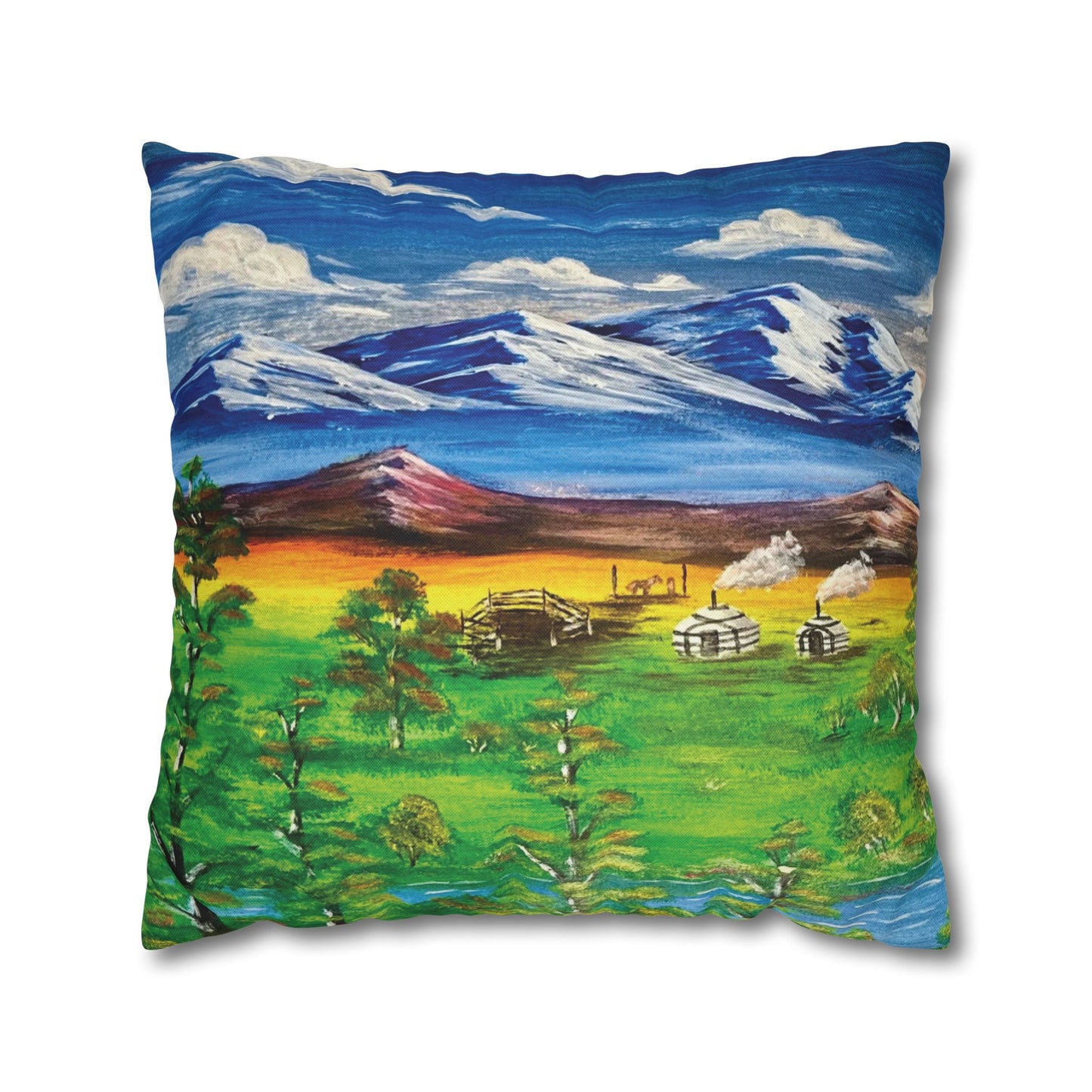 Art of Love Collection - Mongolia, Land of Dreams & Adventure  "Beauty of Mongolia" Spun Polyester Square Cushion Cover Pillow Case