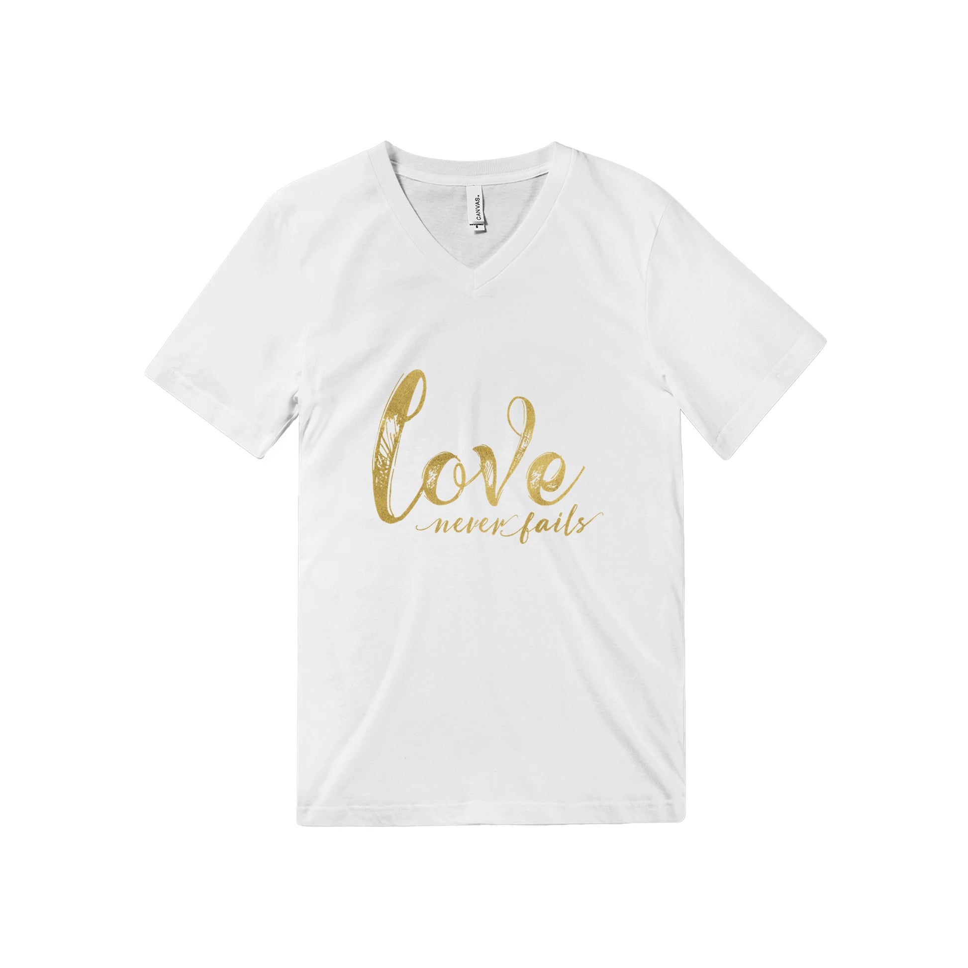 Love Never Fails Premium Unisex V-Neck T-shirt | Unique Christian Gift & Apparel