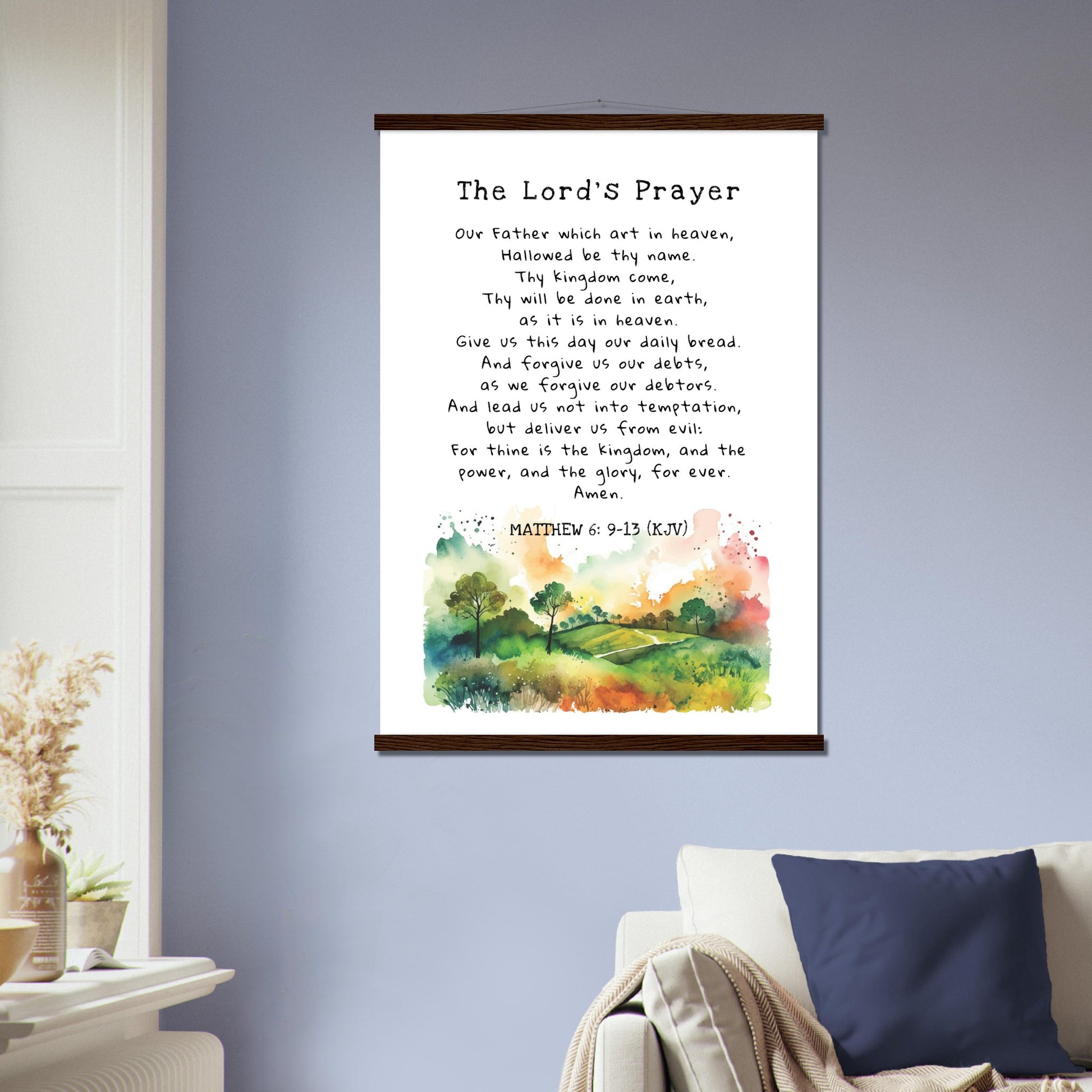 The Lord's Prayer (Matthew 6: 9)  Poster with Hanger in dark wood color