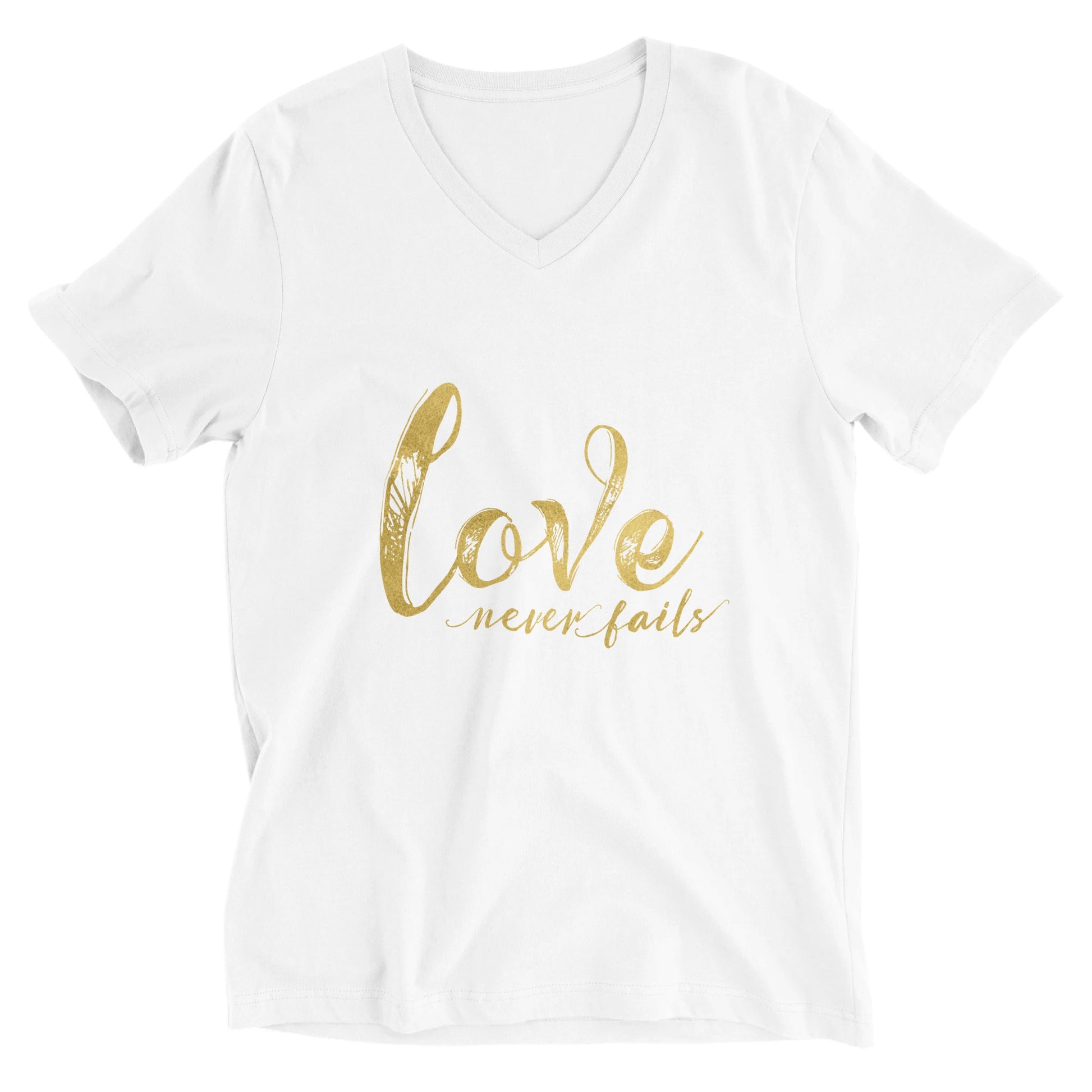 Love Never Fails Premium Unisex V-Neck T-shirt | Unique Christian Gift & Apparel