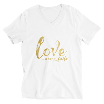 Love Never Fails Premium Unisex V-Neck T-shirt | Unique Christian Gift & Apparel