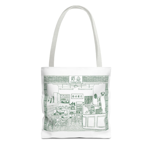 Tote bag with a printed design of a store front on a white background