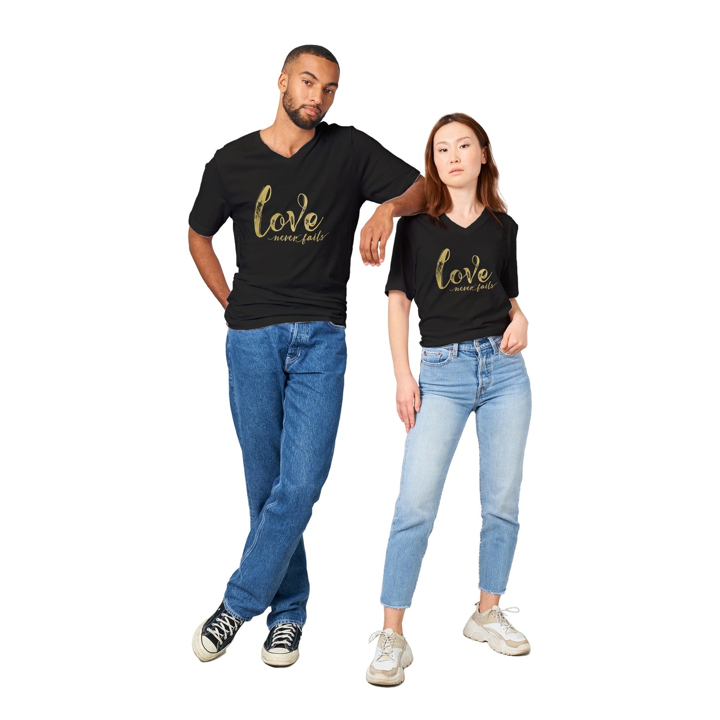 Love Never Fails Premium Unisex V-Neck T-shirt | Unique Christian Gift & Apparel