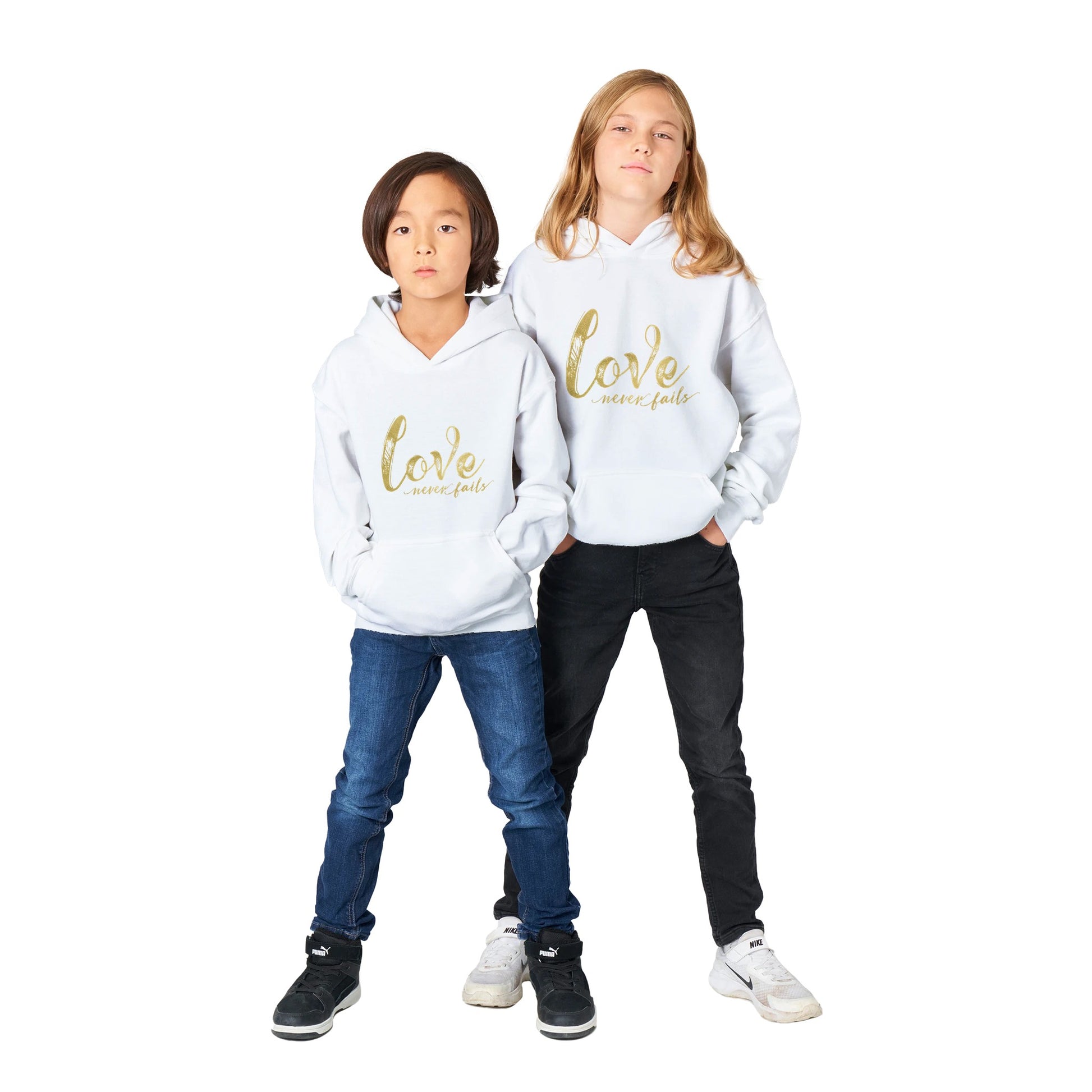 Love Never Fails Classic Kids Pullover Hoodie | Inspirational Christian Gift, Kidswear & Apparel