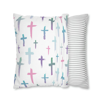 Colourful Watercolour Cross Print - Spun Polyester Square Cushion Pillow Case | Unique Christian Gift & Home Decor