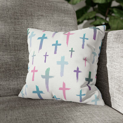 Colourful Watercolour Cross Print - Spun Polyester Square Cushion Pillow Case | Unique Christian Gift & Home Decor