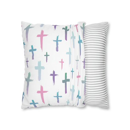 Colourful Watercolour Cross Print - Spun Polyester Square Cushion Pillow Case | Unique Christian Gift & Home Decor