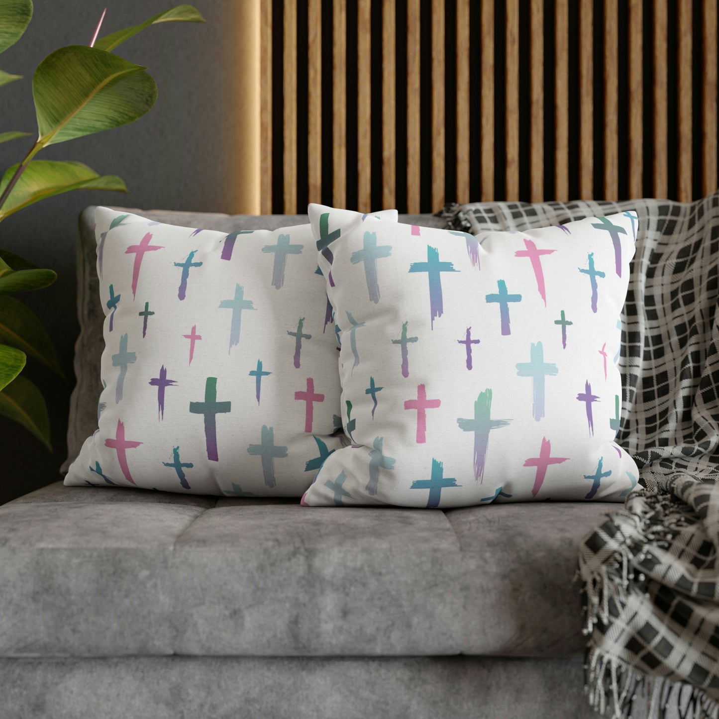 Colourful Watercolour Cross Print - Spun Polyester Square Cushion Pillow Case | Unique Christian Gift & Home Decor