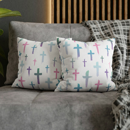 Colourful Watercolour Cross Print - Spun Polyester Square Cushion Pillow Case | Unique Christian Gift & Home Decor