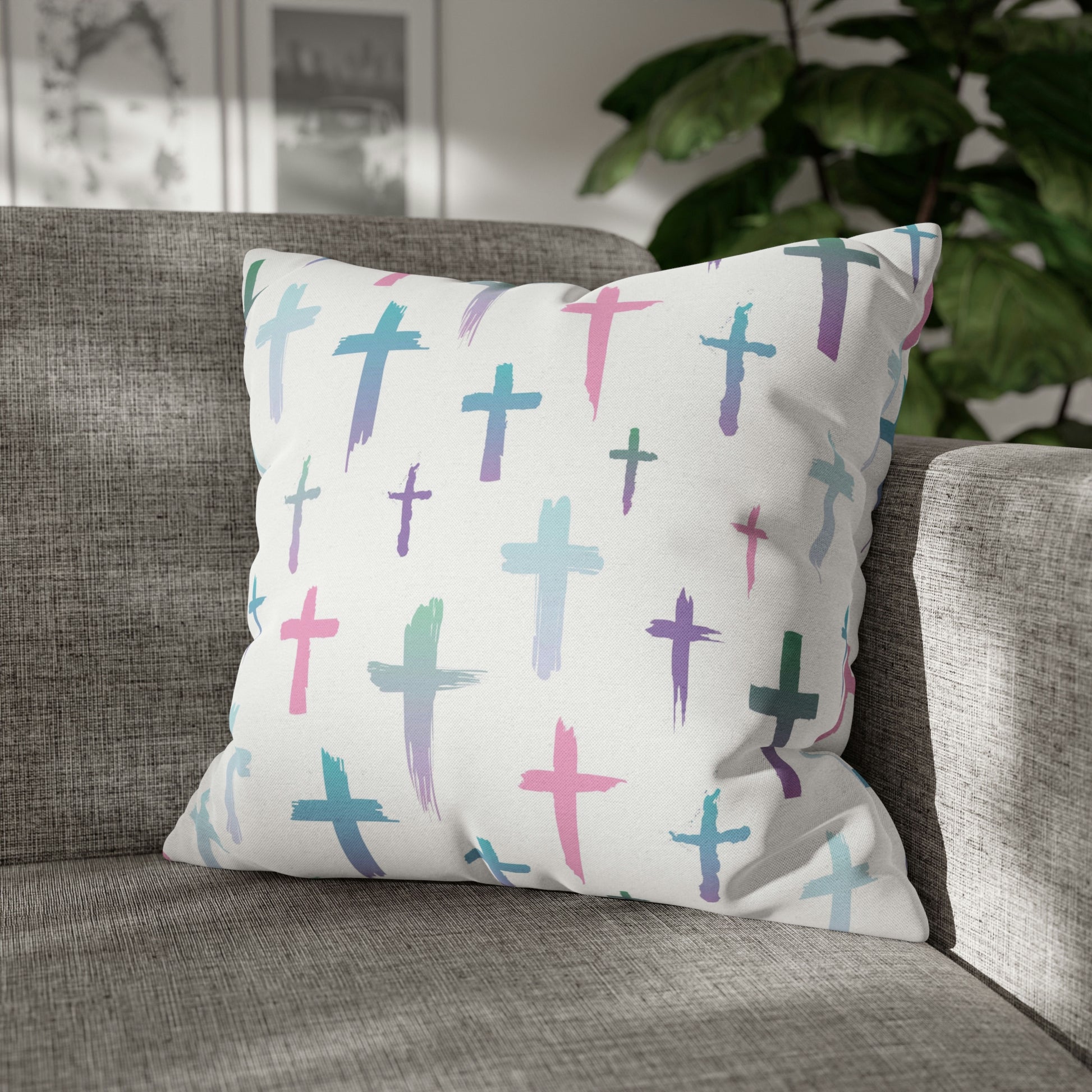 Colourful Watercolour Cross Print - Spun Polyester Square Cushion Pillow Case | Unique Christian Gift & Home Decor